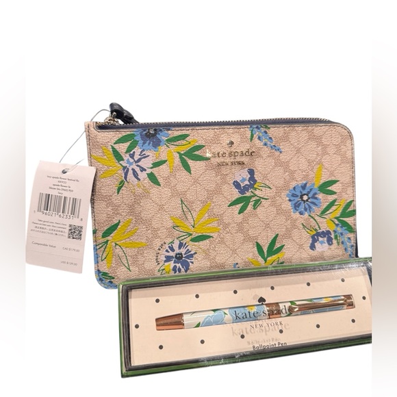 kate spade Accessories - kate spade Beige Floral Zip Pouch with Blue Pen NWT